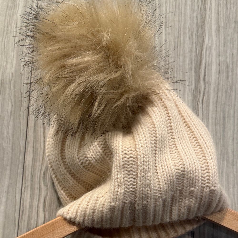 Babaton Cream Knit Beanie with Fluffy Pom-Pom